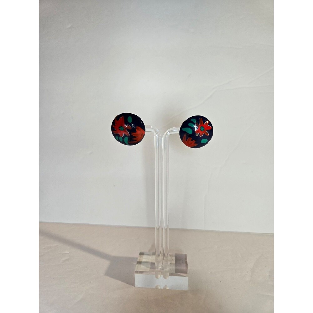 Large Circular Post Earrings Blue with Red Floral Design